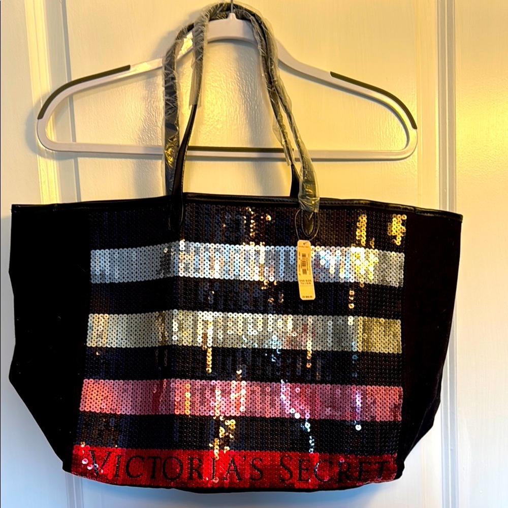 Victoria's Secret Black and Red Tote Bag with Shimmering Stripes